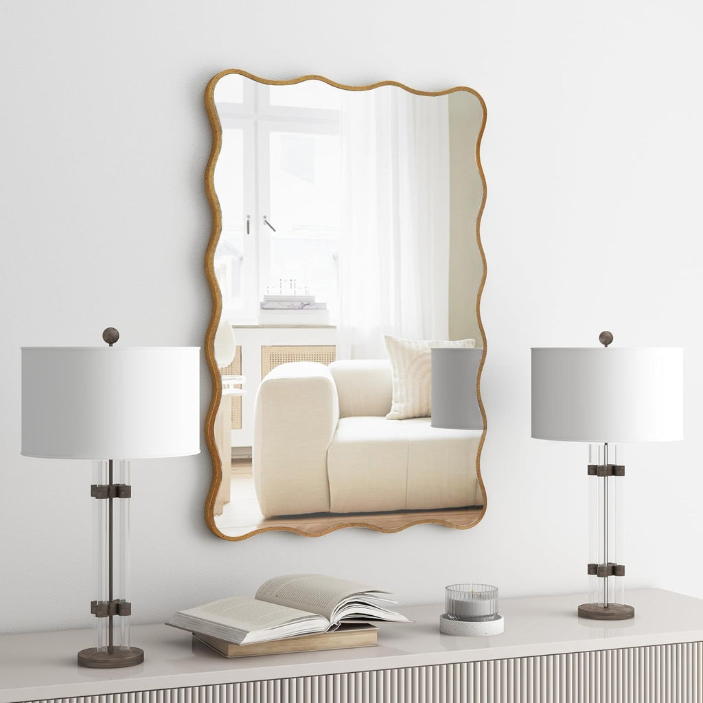 Wall Mirror Decorative, Antique Mirror Gold Wavy Mirrors 20x30” Irregular Mirrors Asymmetrical Ripple Wall Mirrors