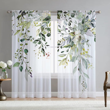 Green Eucalyptus Leaves Sheer Curtains, Printed, 84 inch, 2 Panels