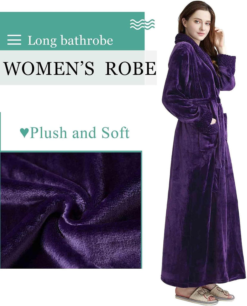 Womens Long Fleece Robe: Plush Flannel Warm Bathrobes | Winter Soft Shawl Collar Bath Robe with Adjustable Waist Belt