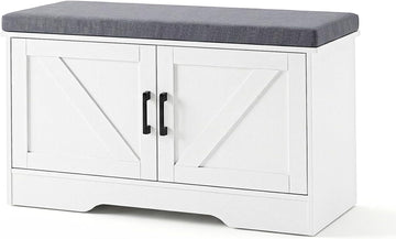 Shoe Storage Bench with Cushion, 27.6IN, White | Shoe Organizer Cabinet with Padded Cushion and Doors, Adjustable