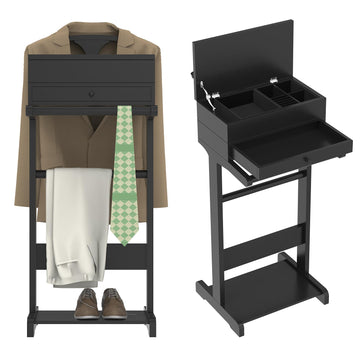 Suit Valet Stand for Men, Wood Clothes Rack with Drawer, Coat Hanger, Tray