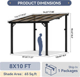 8x10FT Lean to Gazebo, Hardtop Metal Pergola with Polycarbonate Roof, Large Wall Mounted Heavy Duty Awnings