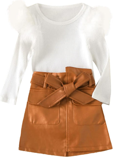 Kids Toddler Baby Girls Spring Summer Solid Cotton Ribbed Long Sleeve Tops Leather Skirt Outfits Neutral Baby