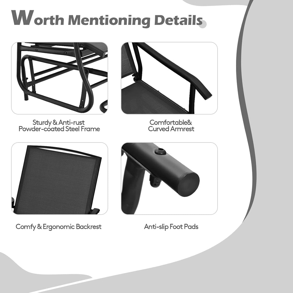 2-Person Outdoor Glider, Patio Glider Bench Chairs with Center Tempered Glass Table & Breathable Loveseat, Double