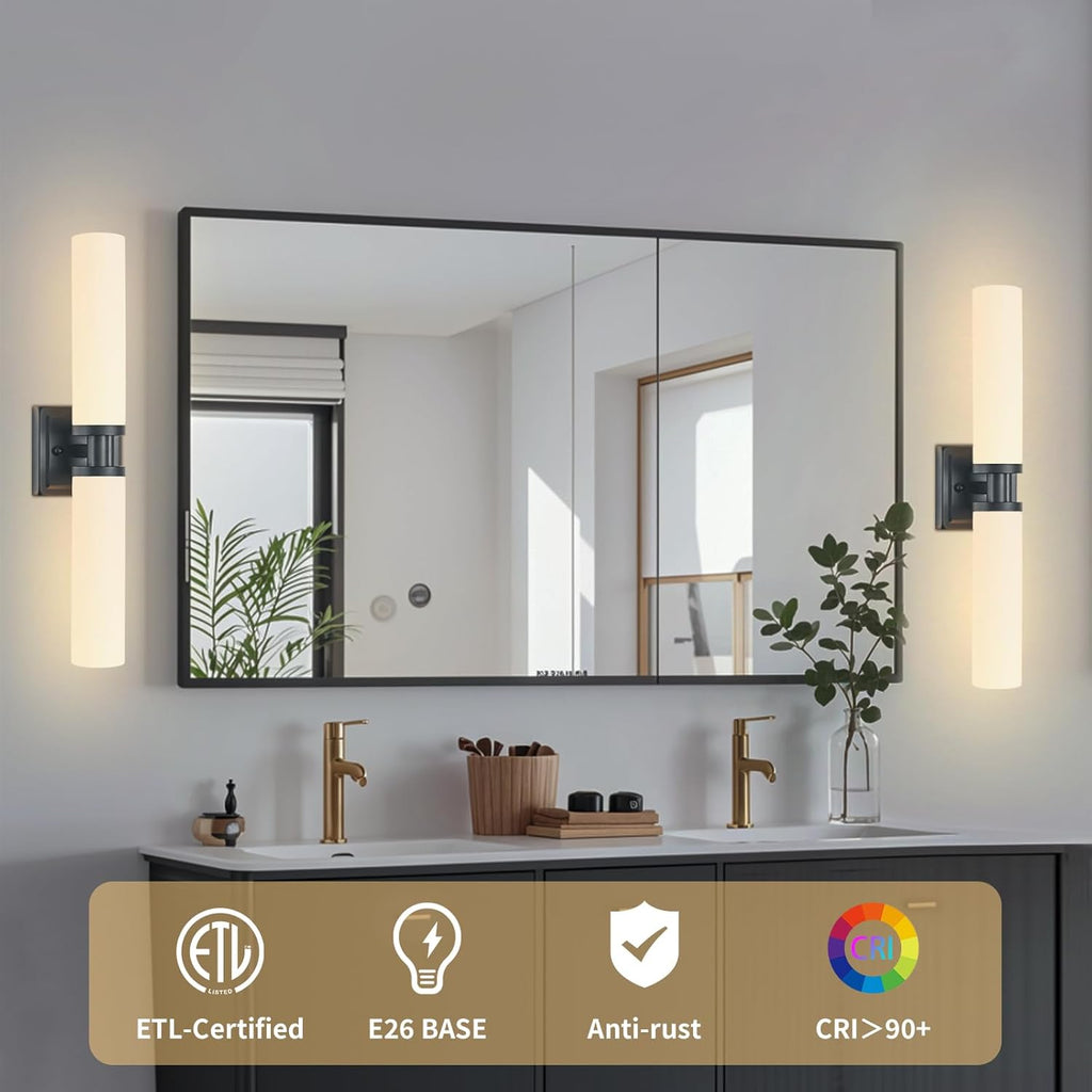 Black Wall Sconces Set of Two, Modern Bathroom Sconce with Frosted Glass, Hardwired Wall Light Fixtures for Bathroom