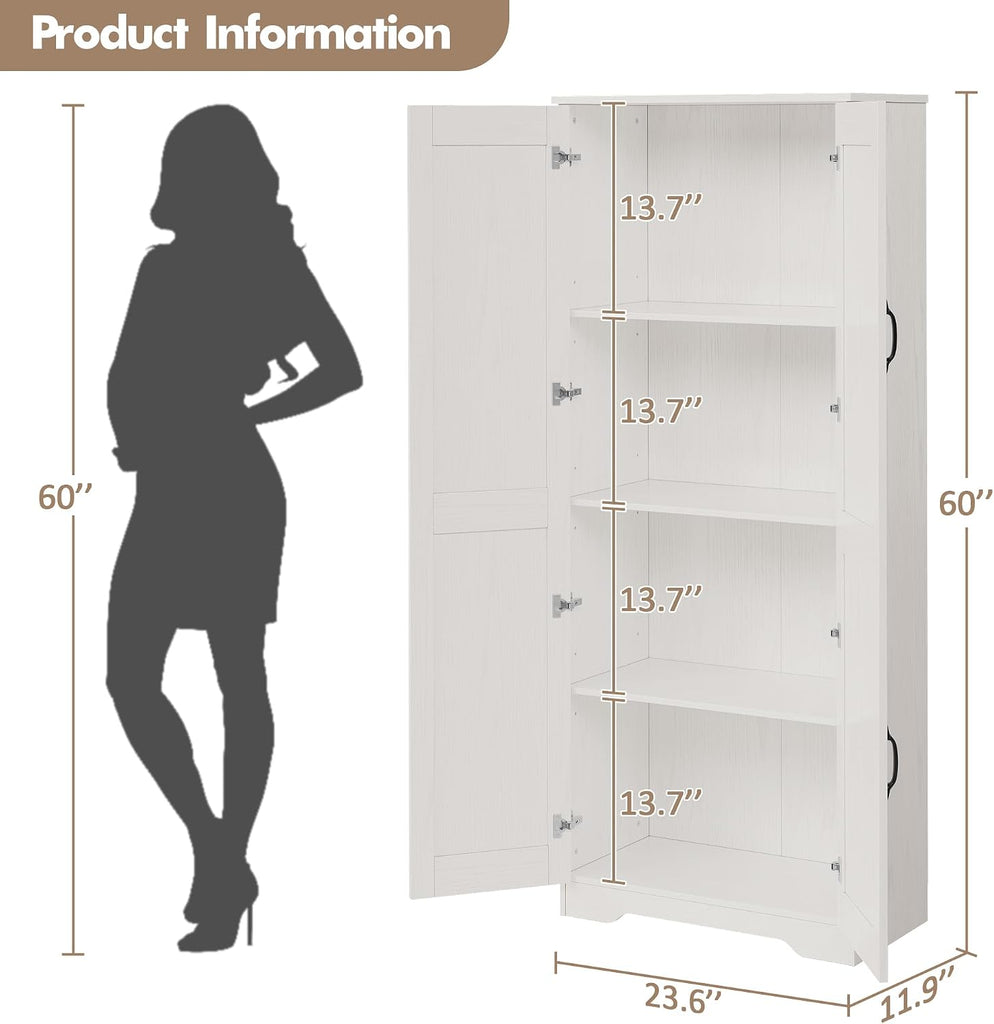 Kitchen Pantry Cabinet, Freestanding White Pantry Storage Cabinet, 60 in Cupboard, Tall Bathroom Storage Cabinet with