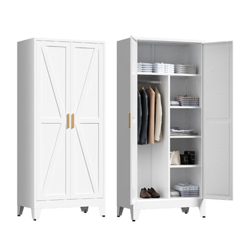 71'' Farmhouse Metal Wardrobe Cabinet with Hanging Rod, 2 Barn Door Wardrobe Closet with 5 Adjustable Shelves, Drawer