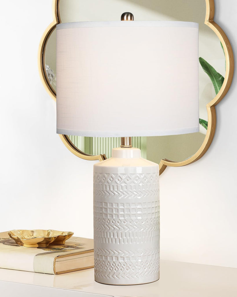 24.5" White Ceramic Table Lamp 3-Way Dimmable Nightstand with White Linen Shade Bedside Lamps & Living Room Office