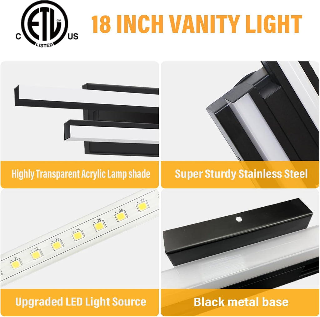 Modern Bathroom Light Fixtures Over Mirror: ETL Certified 18-Inch Retractable Vanity Light Bar , Dimmable LED Black