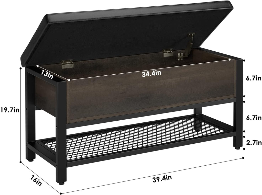 40" W Storage Bench, Entryway Shoe Bench with Cushion, Dark Brown | Wood Metal Bench with Flip-Open Hidden Storage