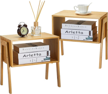 Nightstands Set of 2, Bamboo Stackable Bedside Table, Night Stands with Storage Shelf, Small Bed Side Tables, 2-Tier