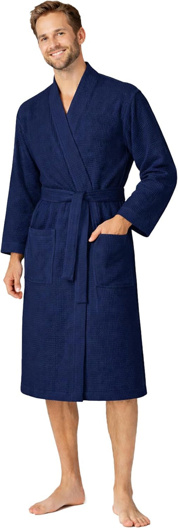 Men's Waffle Bathrobe Lightweight Kimono Spa Robe - Quick Dry Bath & Shower Robe for Men with Pockets