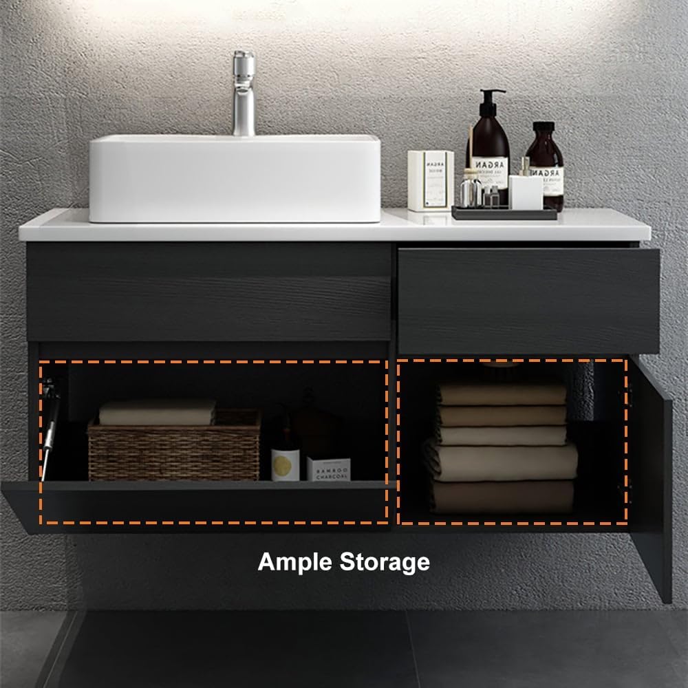 Bathroom Vanity Floating Bathroom Sink Cabinet with Ceramic Vessel Sink Wall Mounted Floating Vanity (Black & White