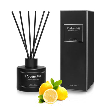 Vill Reed Diffuser, 3.4oz(100ml) Juicy Lemon Reed Diffuser Set with 6 Oil Diffuser Sticks, Matte Black Aroma Scent