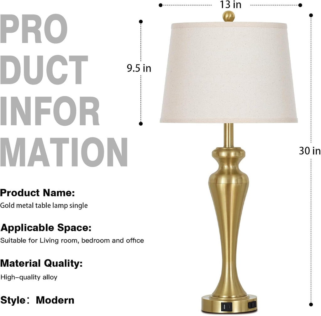 30 Inch Gold Single Table Lamp, 3-Way Dimmable Touch Control Bedside Lamps with USB A+C Ports and AC Outlet