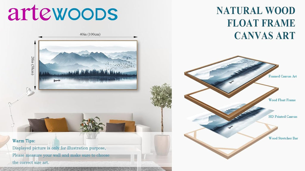 Indigo Framed Canvas Wall Art Misty Mountain Wall Pictures Foggy Lake Boat Painting Prints Forest Birds Artwork Wall