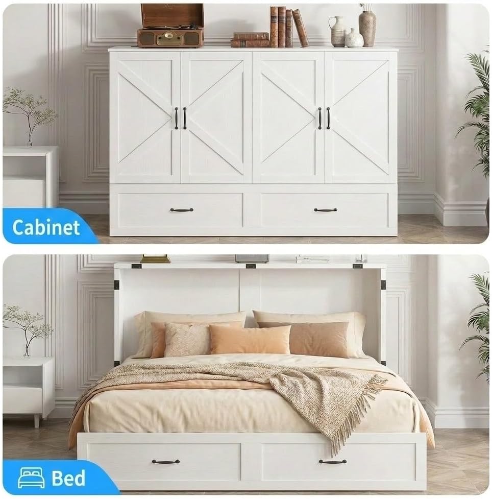 Murphy Bed Queen with Mattress Included, Crisscross Frame Cabinet Beds Chest with Charging Station & Storage Drawers