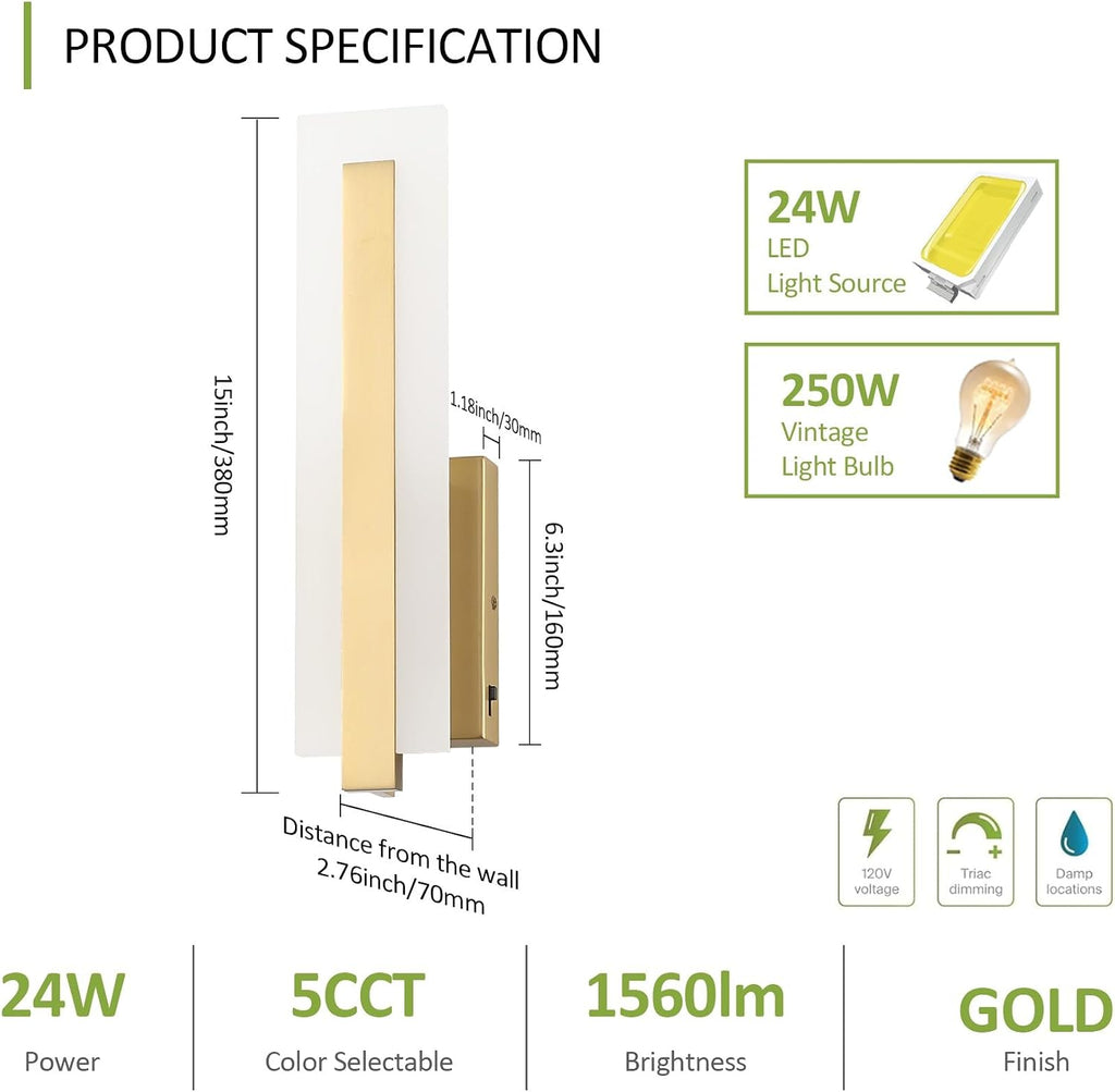 Hardwired Gold Dimmable Modern LED Wall Sconce 2 Packs 3000K 3500K 4000K 5000K 6000K Indoor Wall Lights Up and Down