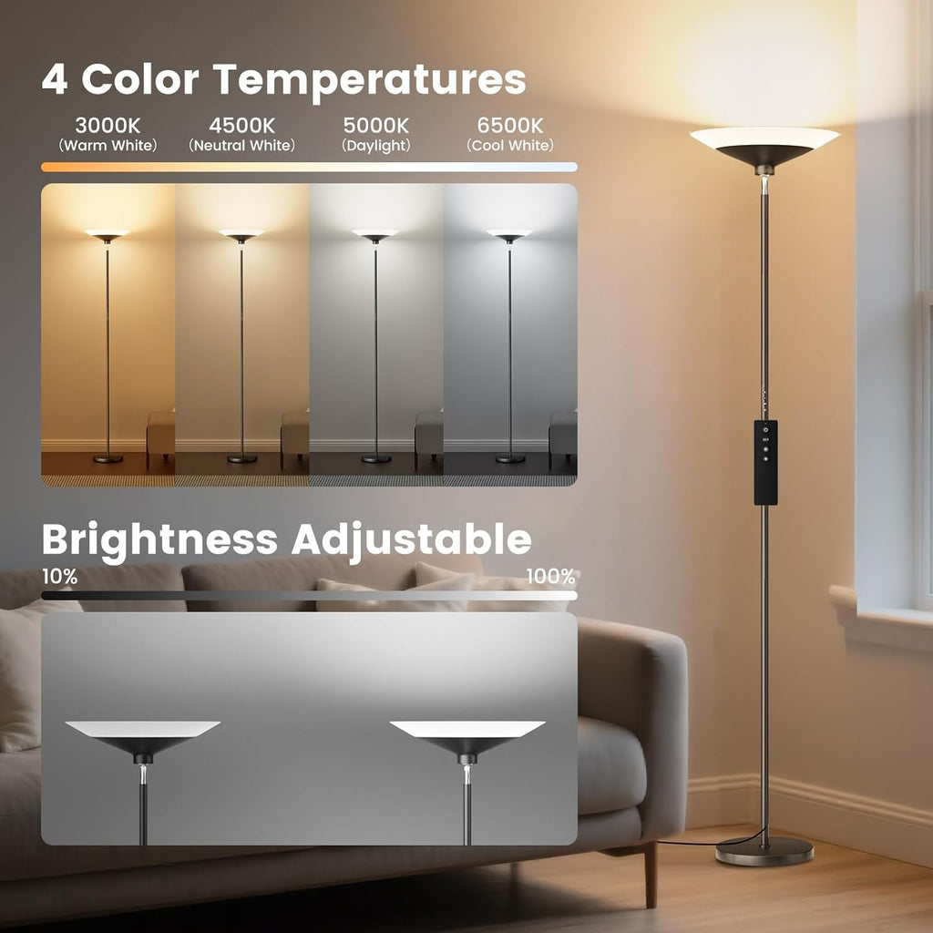 Torchiere Floor Lamp - 72" Tall LED Standing Lamp with Remote/Button Control, 1800Lm, 3000-6500K
