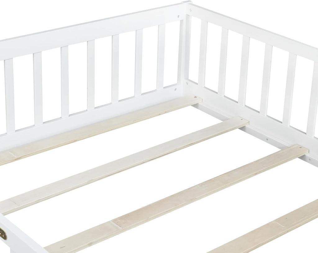 Full Size Montessori Floor Bed with Slats, Door and Guardrails, White | Low Profile Montessori Bed with Fence, Easy