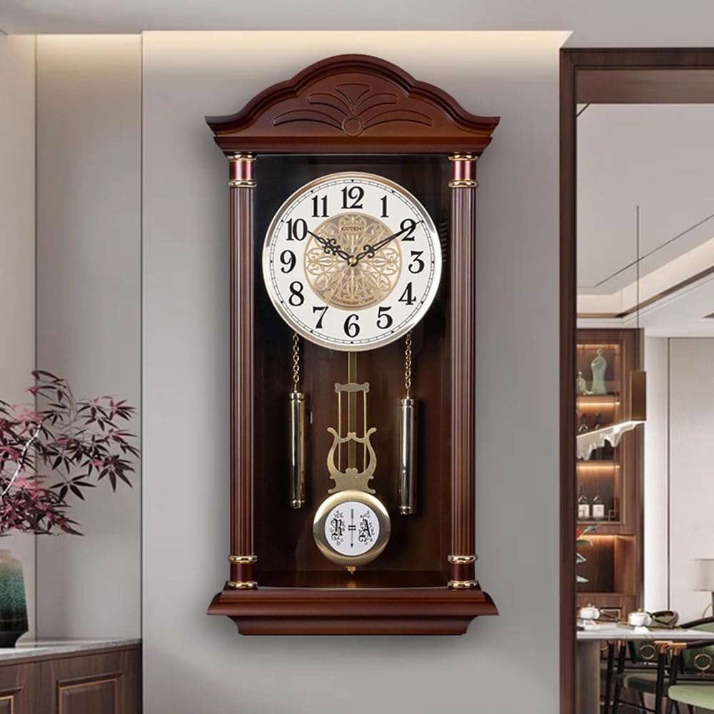 Pendulum Wall Clock Battery Operated - Large Hanging Grandfather Wall Clock with Pendulum - Quiet Pendulum Clock - Chiming Wall Clock...