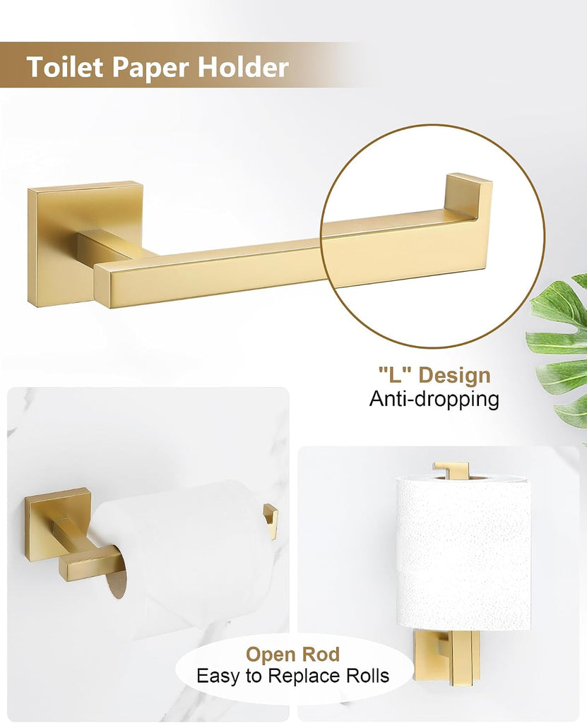 Brushed Gold Bathroom Accessories, Toilet Paper Holder, Towel Ring & Hooks | Bathroom Hardware Set, Toilet Paper