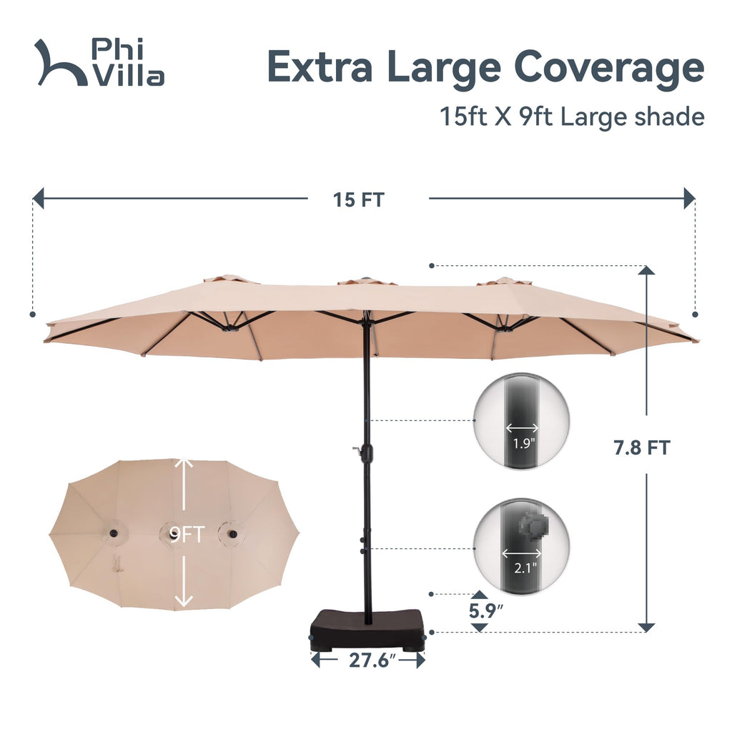 15ft Large Outdoor Patio Umbrella with Base Included, Beige