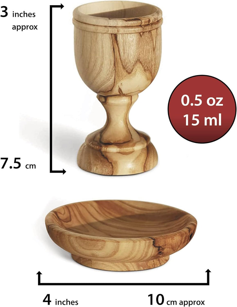 Olive Wood Communion Cups & Bread Plate Set - 4 Hand-Carved Kiddush Goblets with Tray from Bethlehem - Authentic Holy