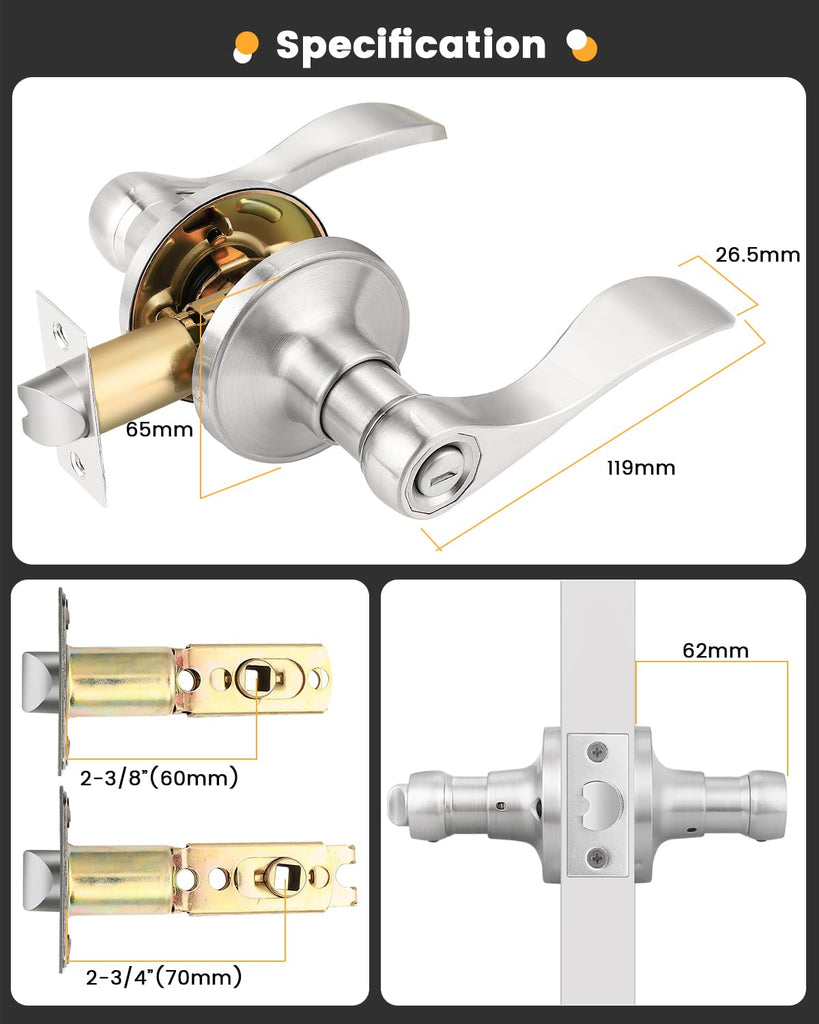 6 Pack Privacy Locksets Interior Door Levers/Handles Bath, Wave Levers, Right Left Handed Door Knobs, Satin Nickel