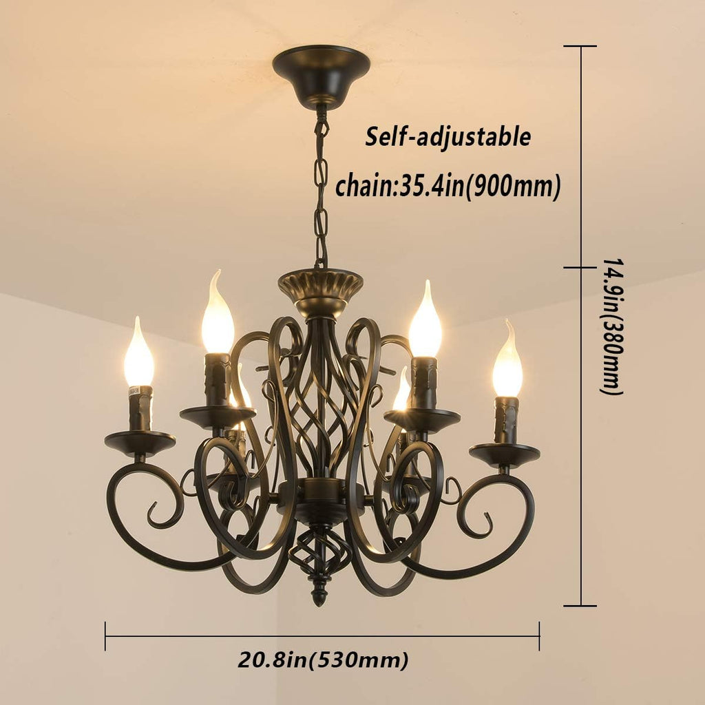 Black French Country Chandelier,6 Lights Farmhouse Candle Iron Chandeliers,Vintage Metal Pendant Light Fixture for Kitchen Island,Dining Room,Bedroom