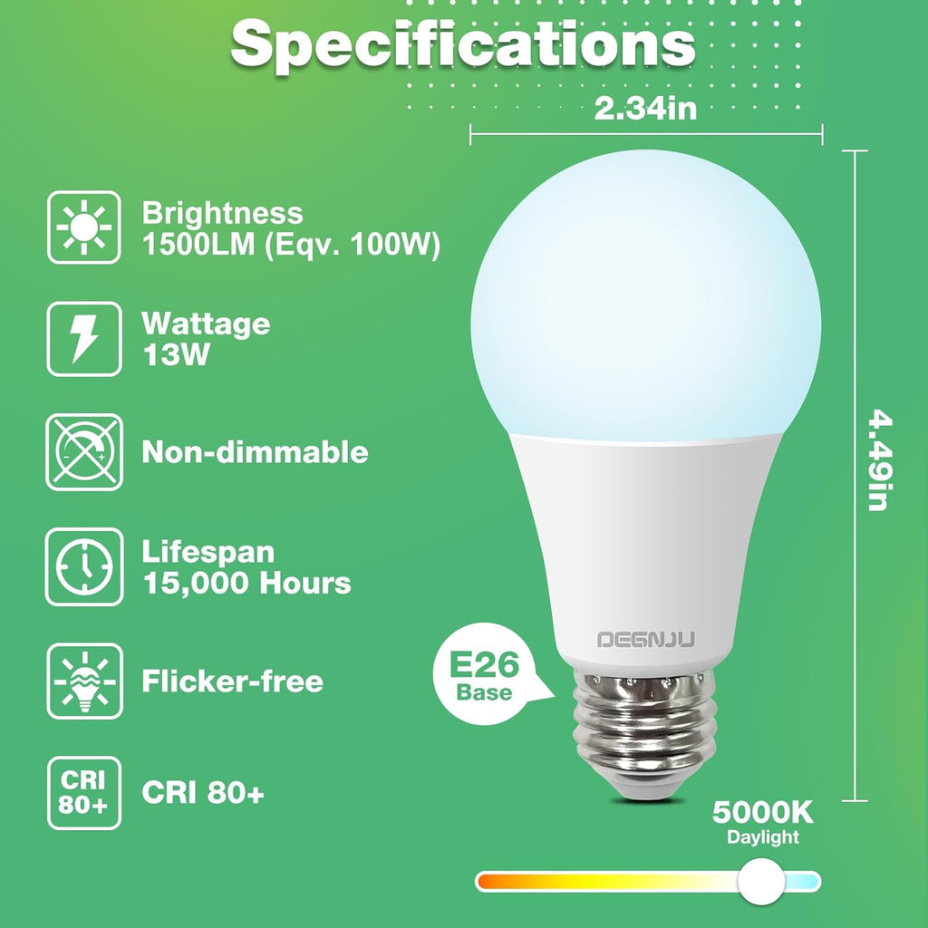 LED Light Bulbs, 100 Watt Equivalent LED Bulbs A19, 5000K Daylight Light Bulb, 1500 Lumens, E26 Standard Base, Non (12 Pack)