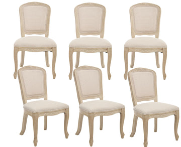 French Country Dining Chairs Set of 6, Upholstered Linen Dining Room Chairs with Square Solid Back Natural Carved Leg