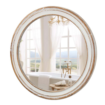 Round Wall Mirror with Distressed Wood Frame, Rustic Farmhouse Style, Ideal Decor (35.43x35.43)