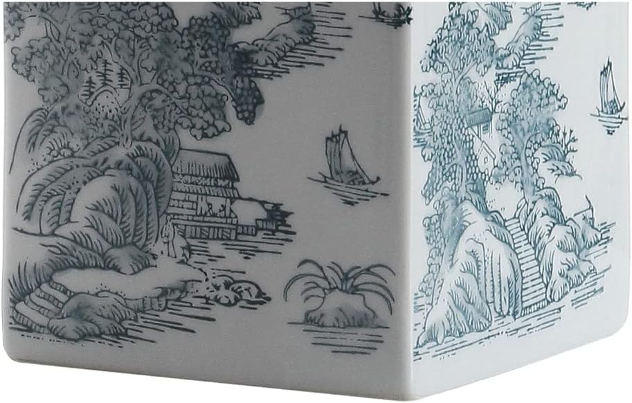 24.5" Blue/White Chinoiserie Ceramic Table Lamp, Traditional Square Ginger Jar Mountain Toile Lamp Bedroom