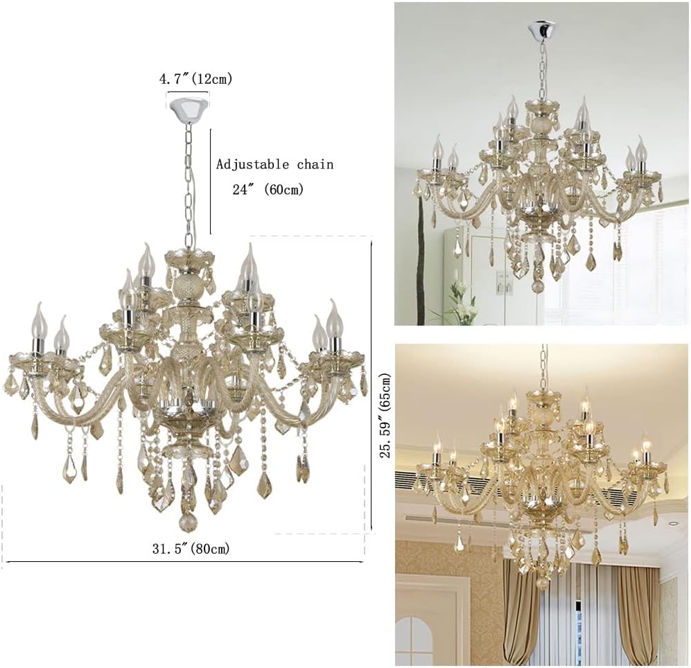 Modern Luxury K9 Crystal Chandelier, 12-Light Cognac Crystal Pendant Light,Candle Style Crystal lamp Lighting Fixture for Dining Room,Hotels, Hall Way, Bars, Restaurants (12 Lights)