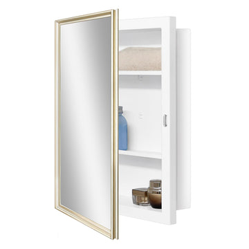 16 x 20 White Metal Medicine Cabinet with Gold Beveled Frame Mirror, Hinged