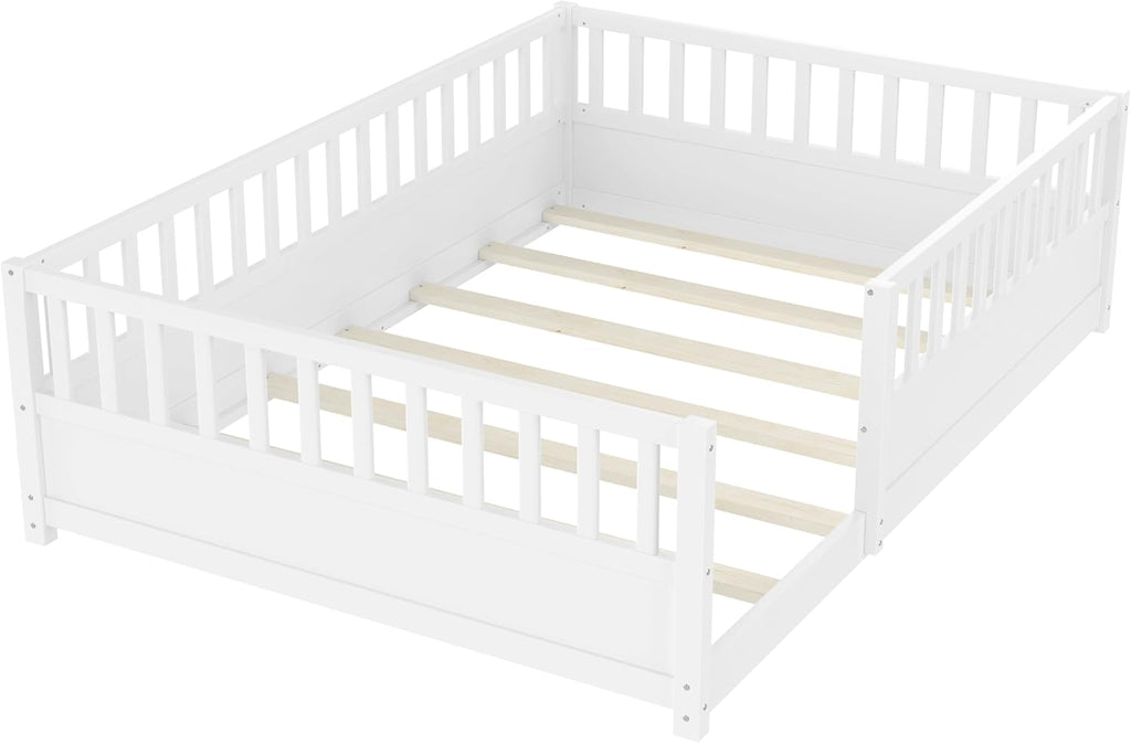 Full Size Floor Bed with high Fence, Solid Pine Wood Montessori Bed for Kids Girls Boys Floor Bed Frame, White with