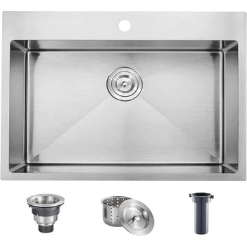 28 inch Drop in, 28x18 inch Topmount Stainless Steel Sink, 18 Gauge T304 Single Bowl Kitchen With Strainer