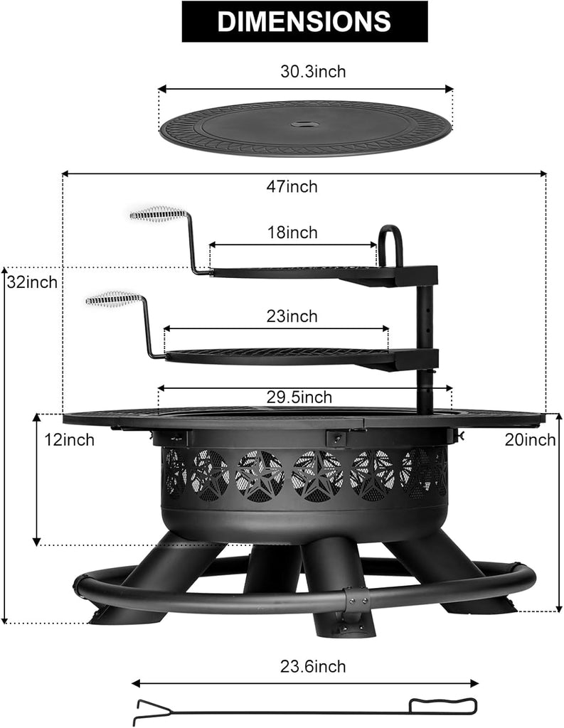 47 Inch Outdoor Fire Pit with 2 Grills, Extra Large BBQ Firepits for Outside
