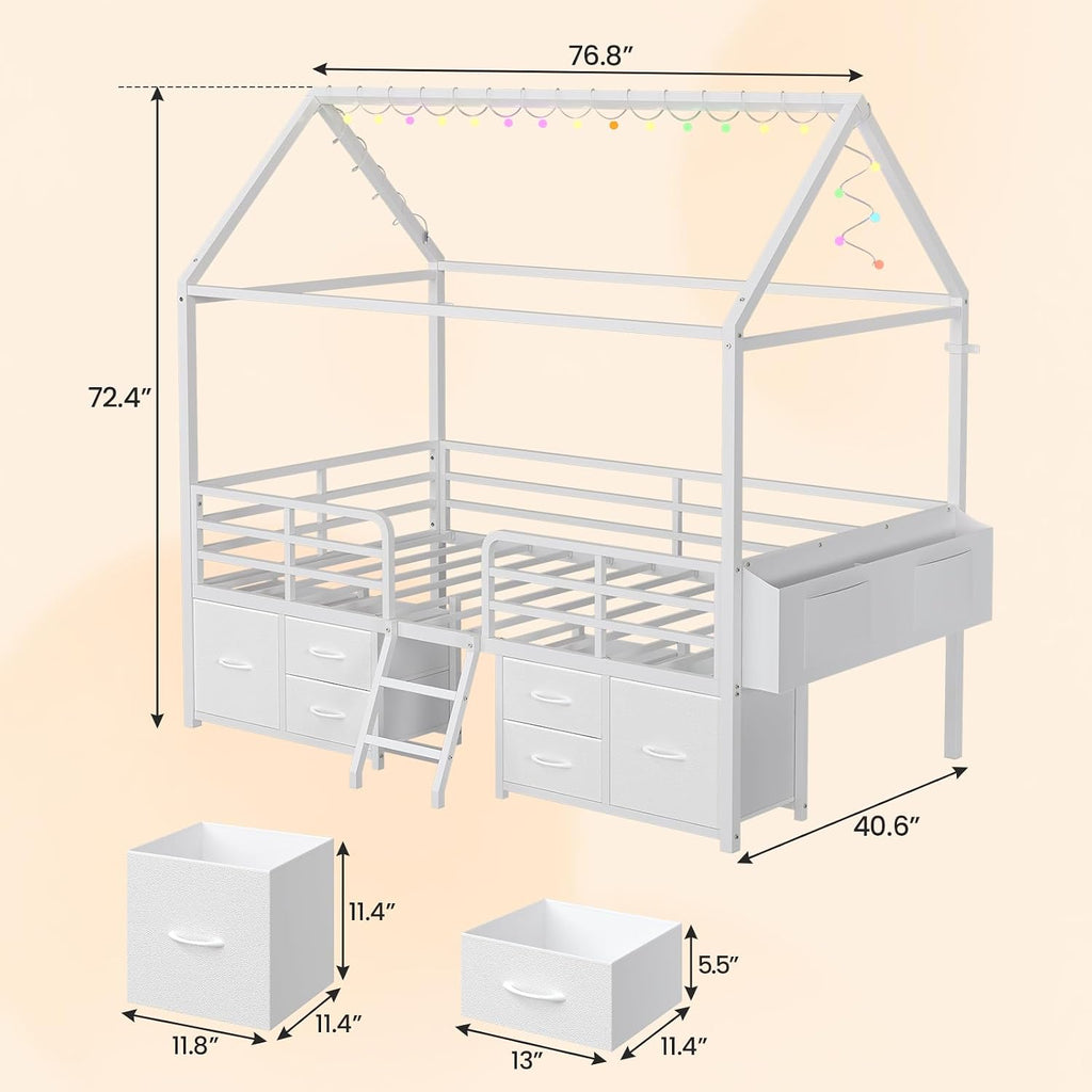 Twin Size Bed Frame with 6 Drawers,White Metal House Kids Bed | Twin Bed Frame for Girls,Safety Guardrail,Inclined