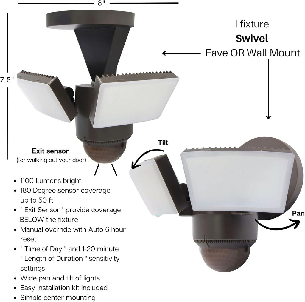 LED Outdoor Motion Sensor Security Floodlight - 1100 Lumens, 180° Detection, Weatherproof Design, Versatile Eave or