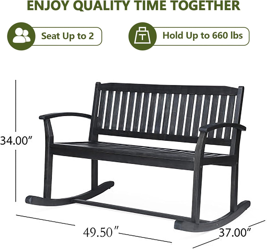 49" Outdoor Rocking Loveseat Bench, 2-Person Double Rocking Chair with Slatted Back/Curved Armrests, Porch Glider for