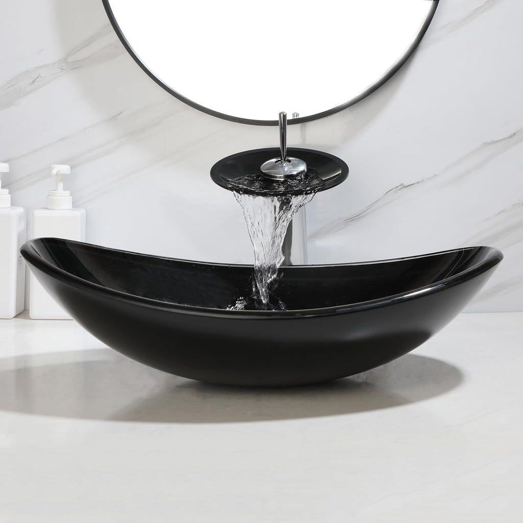 Black Oval Bathroom Vessel Sink Tempered Glass Washing Bowl Combo Above Counter Chrome Waterfall Faucet Pop Up Drain Set