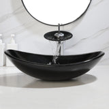 Black Oval Bathroom Vessel Sink Tempered Glass Washing Bowl Combo Above Counter Chrome Waterfall Faucet Pop Up Drain Set