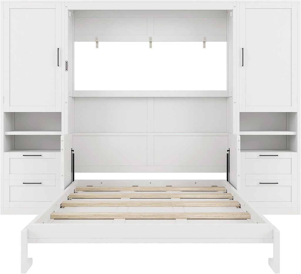 Queen Murphy Bed with Desk, Closet, Drawers and Shelves, Fold into the Wall, Space-Saving Foldable Wood Platform Bed