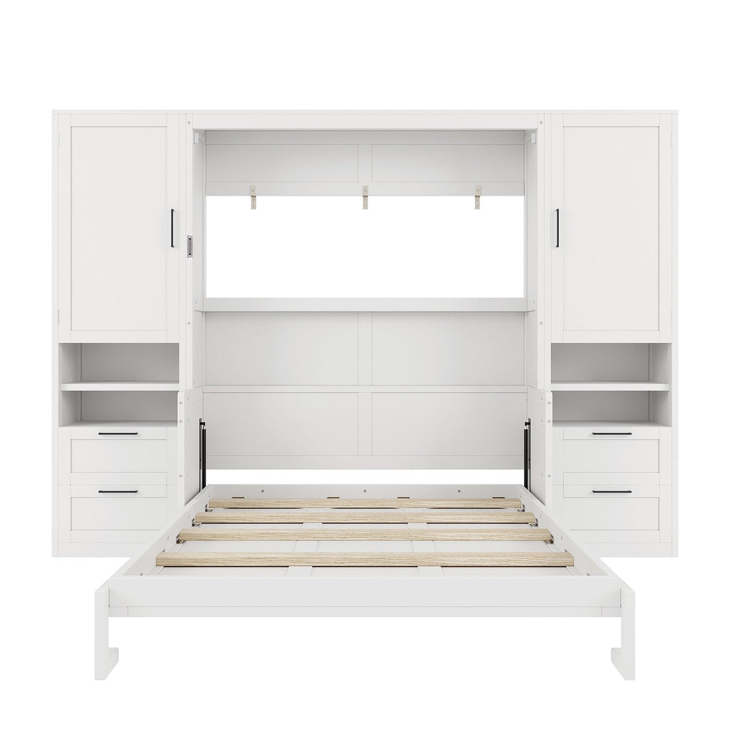 Queen Size Murphy Bed with Desk, Multifunctional Foldable Wall Bed with Closet, Drawers and Shelves, Space-Saving