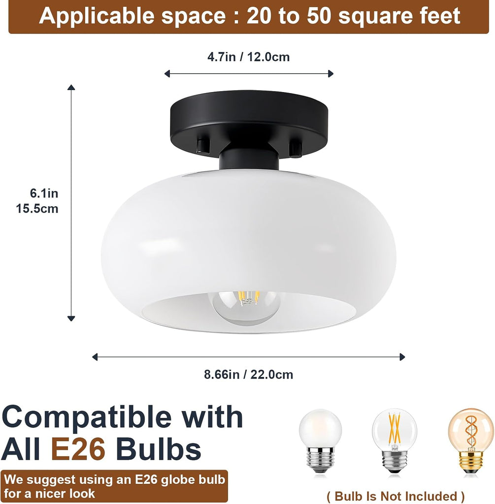 Mid-Century Modern Black Semi Flush Ceiling Light 8.66 Inch | Mini White Glass Shade Close to Ceiling Lighting