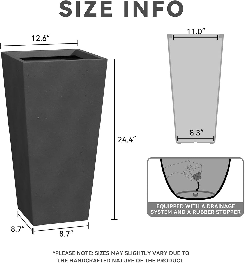 28 Inch Tall Tapered Concrete Planter, Modern Style Large Plant Pot with Drainage Hole and Rubber Plug , Backyard