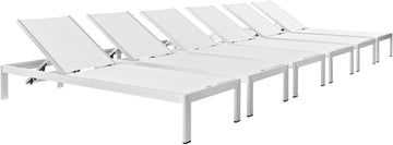 Shore Aluminum Textilene Mesh Outdoor Patio Six Poolside Chaise Lounge Chairs in Silver White