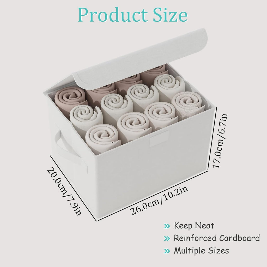 Bin with Lid, Closet Boxes, 4 Pack, White, 10.2x7.9x6.7 In | Fabric Clothing Basket with Cover, Collapsible Stackable